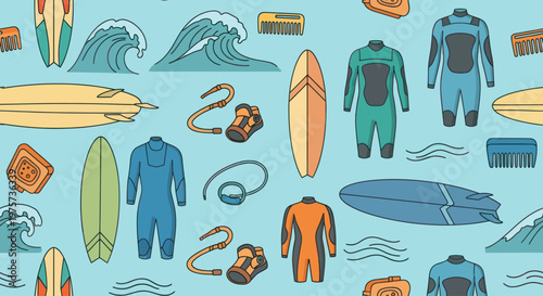 Surfing wetsuits and surfboards ocean sports.