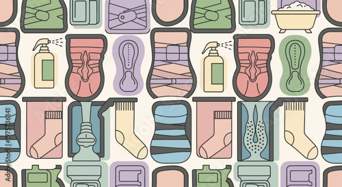 Colorful socks and foot care items.