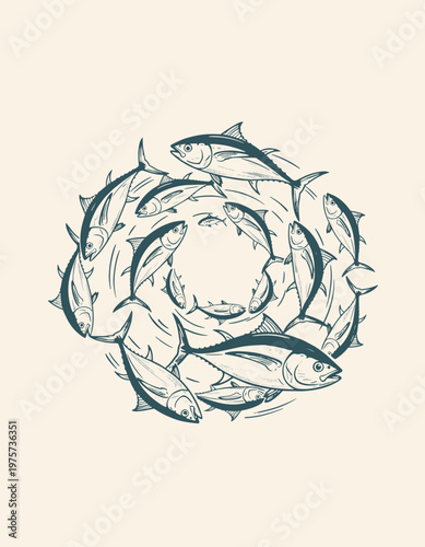 Vintage Hand Drawn Tuna Fish School Vortex Illustration