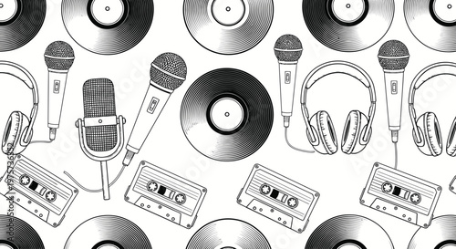 Black and white music accessories illustration.