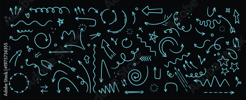 hand drawn glowing neon doodles on blackboard background abstract concept