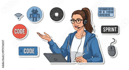 Female developer explaining coding concepts with laptop and icons
