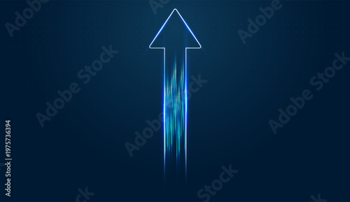A bright neon arrow points straight up, symbolizing the rapid Growth of modern technology. with Digital visualization uses glowing arrows to represent a breakthrough in global Finance