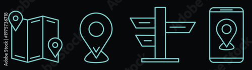 Minimalist neon location icons set for navigation and travel apps on dark background