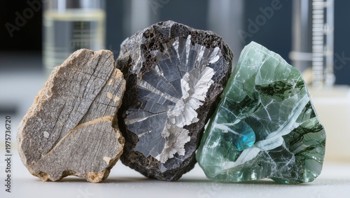 Close-up of collection of raw natural minerals and semi-precious stones in laboratory, green fluorite and gray obsidian crystals, geological analysis, rock sample study, and mineralogy concept