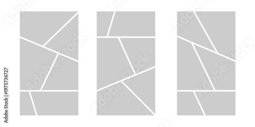 Image collage layout template. Grey mosaic mood board grid collection. Picture frame set. Photo album idea for banner, poster, comic page, flyer, brochure, booklet, memory wall design. Vector pack
