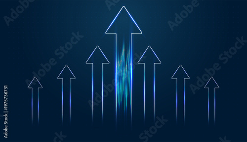 Growth is highlighted through these sleek, neon arrows that point up toward future technology breakthroughs. and with Multiple arrows pointing up serve as an abstract representation