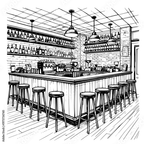 A cozy cafe with tables and a bar, a black and white sketch. Vector illustration. Outdoor cafe bar, coffee machine and chairs, coffee cup and lamps, isolated on a white background