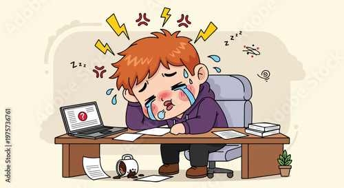 Frustrated young boy with messy hair and tears sitting at a cluttered desk overwhelmed by work and technology