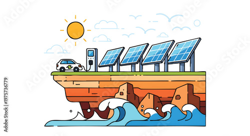 solar panels on cliff edge with electric car and ocean waves crashing below
