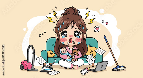 Cute cartoon girl with messy hair and tired eyes sitting at cluttered desk surrounded by work and study materials
