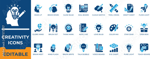 Creativity and brainstorming icon set. Creative thinking, innovation, mind spark, design process, idea generation and imagination vector symbols.