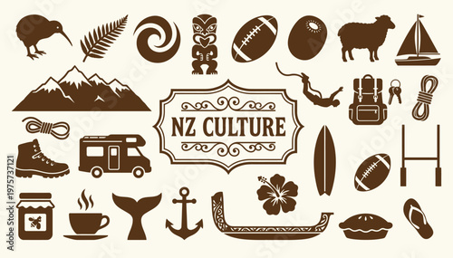 New Zealand icons set with culture landmarks wildlife and travel symbols vector