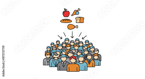 People receiving food from above illustration of crowd getting nutrition healthy eating concept