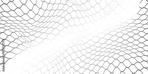 Fishing or soccer net. Repeated hexagon pattern. Black wired mesh texture isolated on white background. Metallic or fabric fence, cage or lattice structure. Vector graphic Illustration.