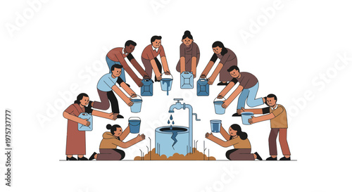 People collecting water from a public fountain community sharing hydration water conservation sustainability