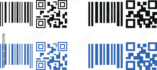 Collection of barcodes and qr codes in black and blue tones