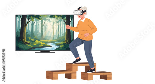 Man wearing VR headset experiencing virtual forest on TV screen