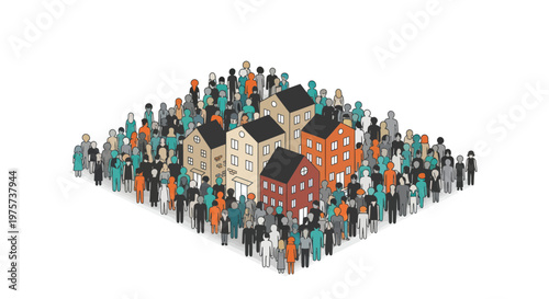 Diverse crowd of people gathered around colorful buildings community concept urban scene with mixed group of adults residential houses
