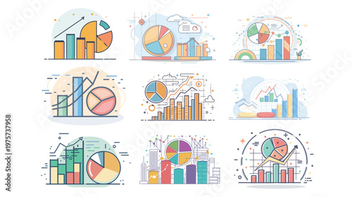 Pie and bar chart combo outline vector illustration minimal business analytics infographic simple data visualization modern financial statistics design