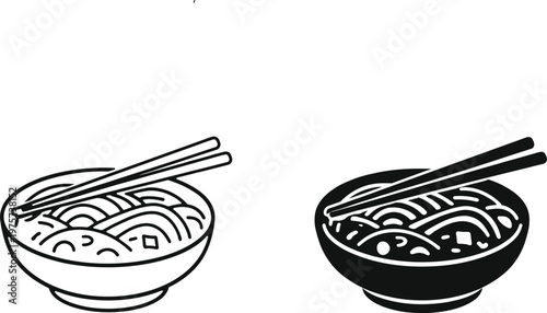Ramen bowl illustration black and white line art with two variations