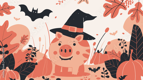 Piggy bank wearing Halloween hat with pumpkins and bats cute festive illustration playful savings concept seasonal decoration whimsical cartoon style