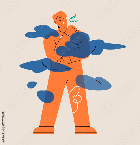 Man coughing because of smoke. Air pollution. Health and environmental problems. Colorful vector illustration
