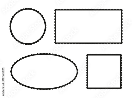 Scalloped frames set. Circle and square, rectangle and ellipse, shapes with scalloped edges. Label forms. Silhouette lace frames, backgrounds. Elements for tags or stickers of labels collection.