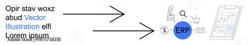 Business operations, ERP systems, data management, system integration, automation, commerce analytics. Arrows pointing to ERP components and charts. Business operations and ERP systems concept