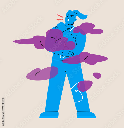 Woman coughing because of smoke. Air pollution. Health and environmental problems. Colorful vector illustration