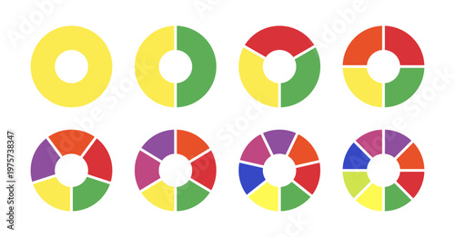 Multicoloured diagrams infographic. Circle section graph. Pie, pizza chart layout. Multicolored donut charts, pies segmented on from 1 to 8 equal parts. Wheels divided in sections. Loading bar mockup.