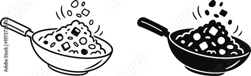 Black and white illustration of two frying pans with food splattering