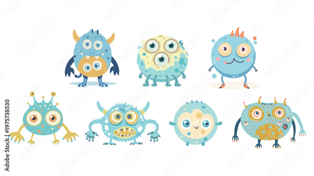 Fototapeta premium Playful round monster with three eyes and tiny legs sky blue cute cartoon character illustration whimsical creature design fun fantasy style