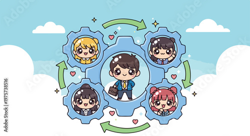 Cute cartoon children with diverse hair colors and outfits engaging in a fun recycling and environmental awareness