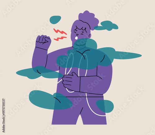 Girl coughing because of smoke. Air pollution. Health and environmental problems. Colorful vector illustration
