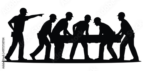 Construction team silhouette carrying heavy beam with leader directing on white background.