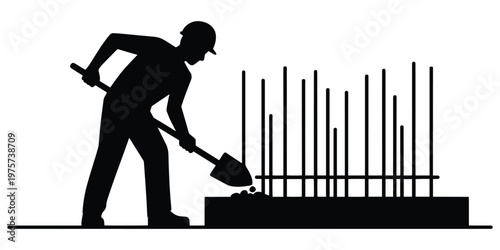 Construction worker silhouette shoveling gravel near rebar for foundation on white background.