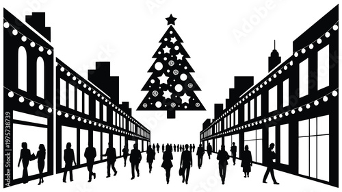 Christmas tree and festive lights adorn city street with shoppers, silhouette.