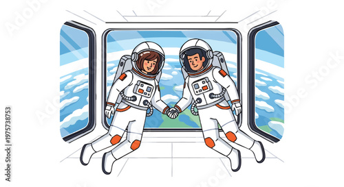 Two astronauts in space suits looking out window
