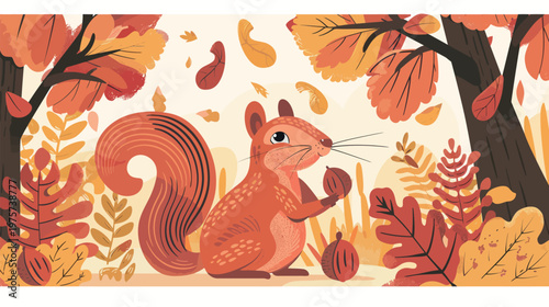 Playful vector of a mischievous squirrel hiding nuts autumnal cute woodland animal illustration seasonal nature concept forest wildlife design