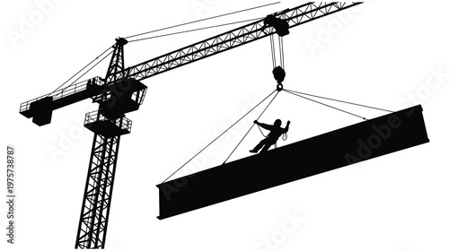 Construction worker hanging from steel beam lifted by crane at high-rise building site.