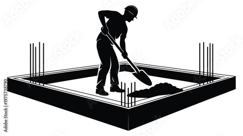 Construction worker in silhouette digging foundation with shovel at building site.