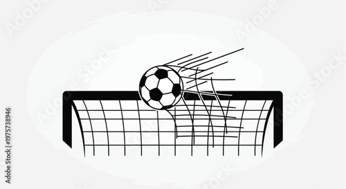 A soccer ball flies toward a goal depicted in a minimalist style