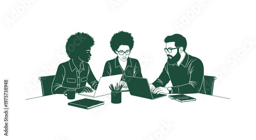 Three diverse professionals working together on laptops in a modern office, green line art style.