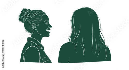 Profile and back view illustration of two happy women talking and laughing together in green color