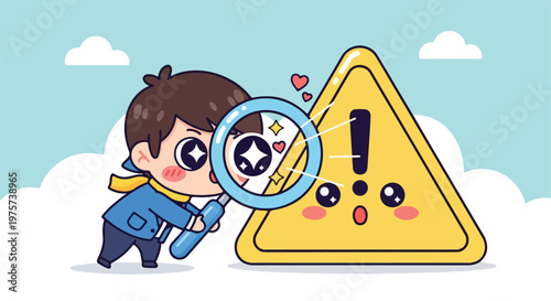 Cute cartoon boy with magnifying glass examining a warning sign with exclamation mark in a playful outdoor scene