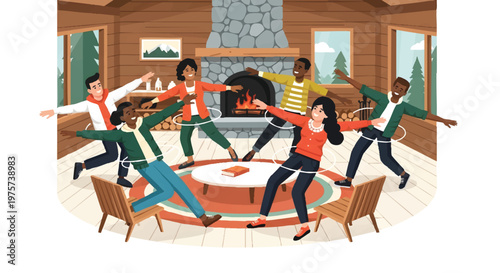 friends dancing around fireplace in cabin