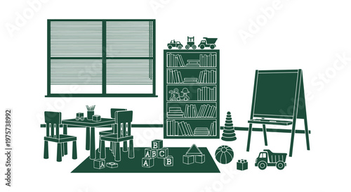 Dark Green Monochromatic Illustration of a Well Organized Children Playroom with Toys and Furniture