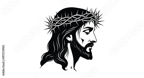 Black and white illustration of jesus christ wearing a crown of thorns