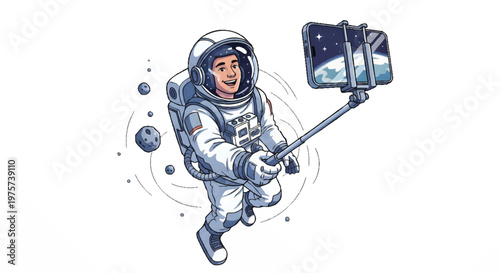 Astronaut in Space Taking Selfie with Smartphone on Monopod